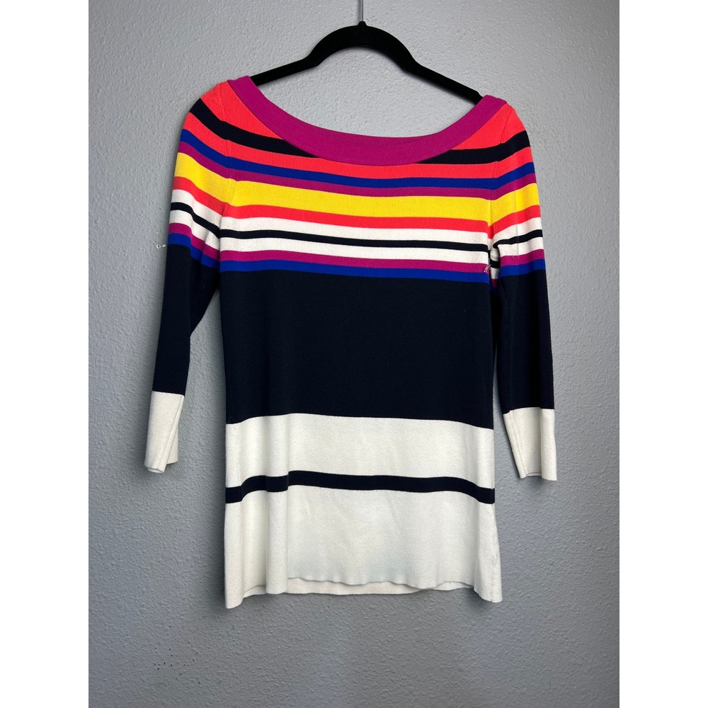 The Limited Artsy Multi-Color Striped Boat Neck 3/4 Sleeve Knit Sweater RN